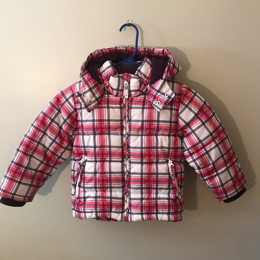 Girls Pink H&M Plaid Puffer Coat with Hood